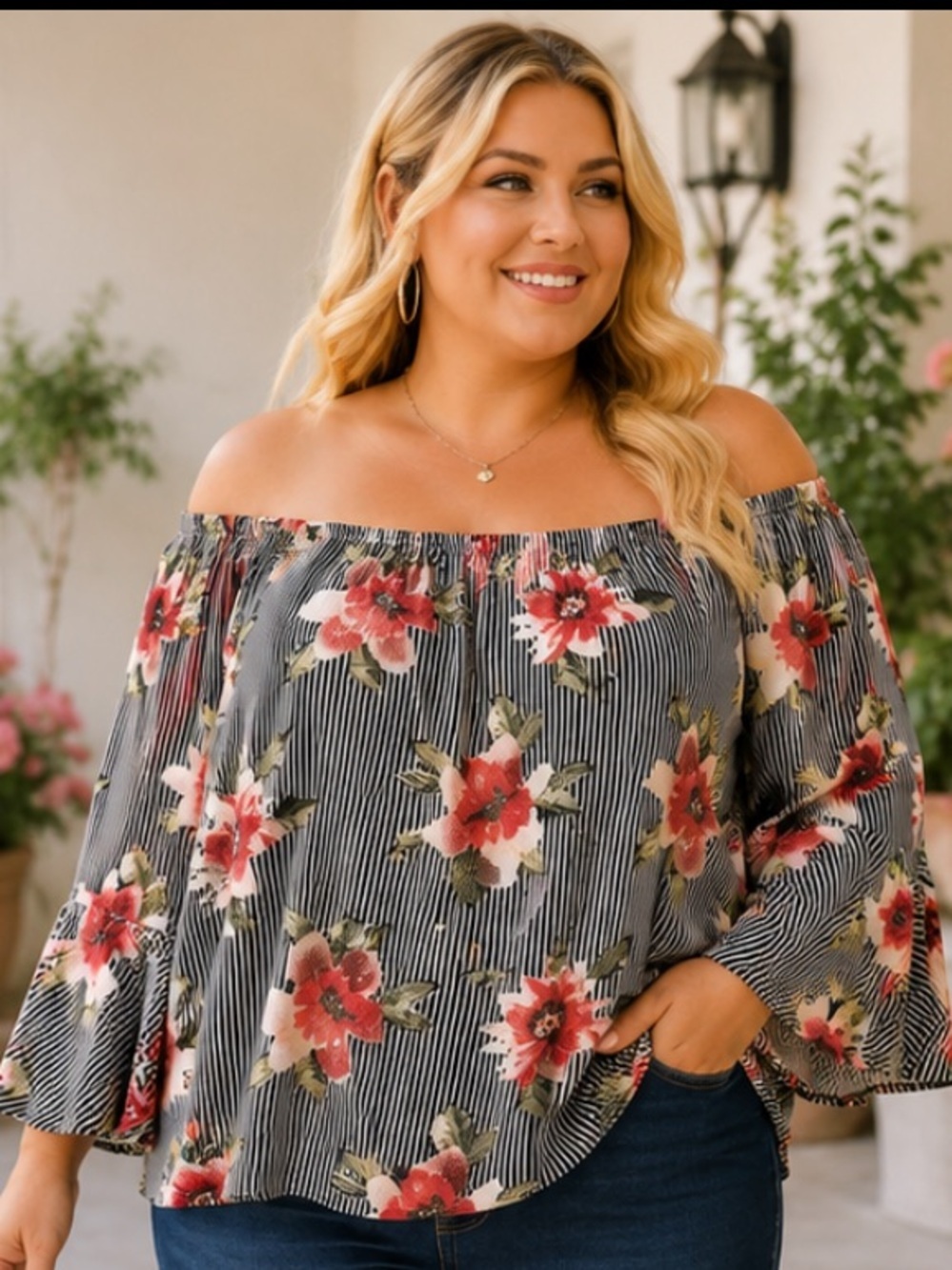 Monteau Women’s Size 3X Off Shoulder Floral Stripe Blouse Black White Red Plus
